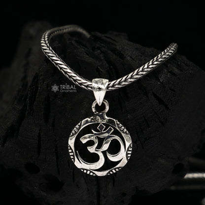 925 pure silver AUM OM mantra pendant with wheat chain necklace, tribal ornaments design, ideal for gifting jewelry.