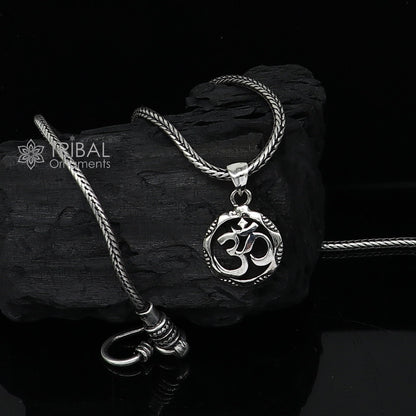 925 pure silver AUM OM mantra pendant with wheat chain necklace, tribal ornaments jewelry, ideal for gifting.