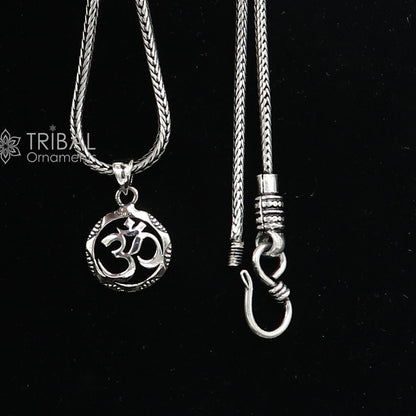 925 pure silver AUM OM mantra pendant on wheat chain, tribal ornament jewelry, ideal for gifting.