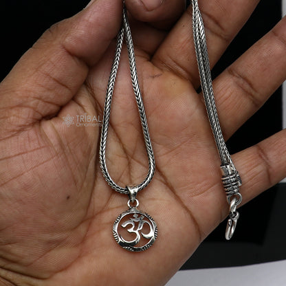 925 pure silver AUM OM mantra pendant with wheat chain necklace, tribal ornaments design, ideal for gifting jewelry.