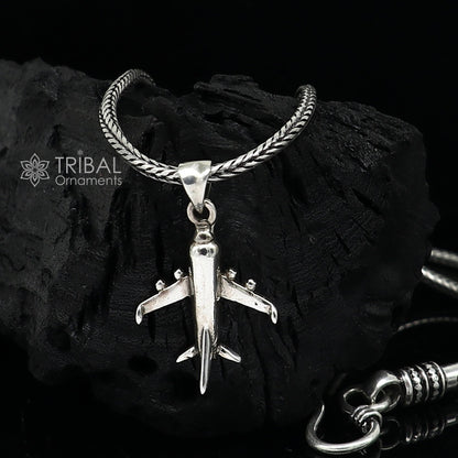 925 silver aeroplane pendant with wheat chain, unisex jewelry, delicate design, perfect for gifting by TRIBAL ORNAMENTS.