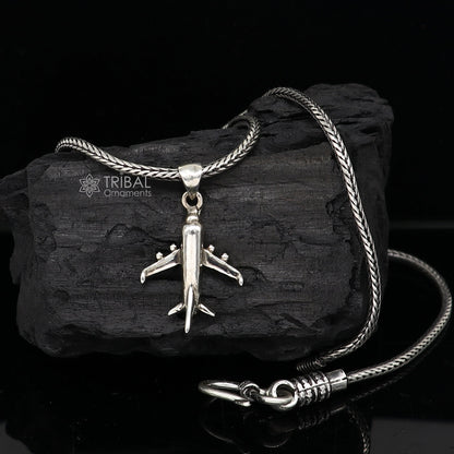 925 pure silver aeroplane pendant with wheat chain, unisex jewelry, delicate design, tribal ornaments brand, NSP754