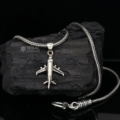 925 pure silver aeroplane jet pendant with wheat chain, delicate unisex jewelry, tribal ornaments, ideal for gifting.
