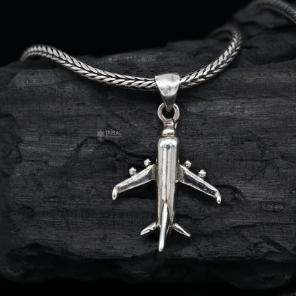 925 pure silver airplane jet pendant with wheat chain, delicate unisex jewelry by Tribal Ornaments, ideal for gifting.
