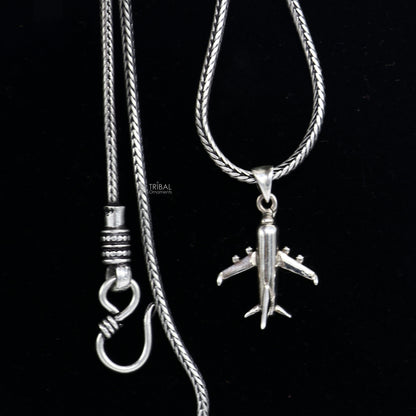 925 pure silver aeroplane jet pendant on wheat chain, unisex tribal jewelry, delicate design, ideal for gifting.