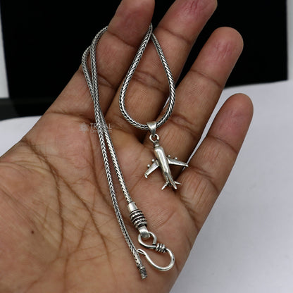 925 silver aeroplane pendant with wheat chain, unisex jewelry, detailed jet design, lightweight and elegant accessory.