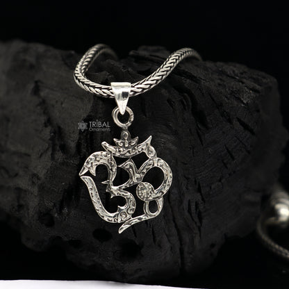 925 silver Divine Aum OM mantra pendant with wheat chain necklace, intricate tribal jewelry design, delicate and spiritual accessory