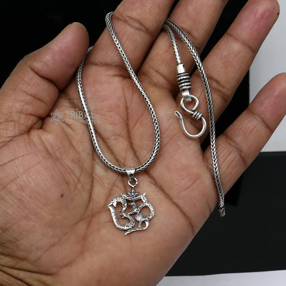 925 pure silver Divine OM mantra pendant with wheat chain necklace, tribal ornament jewelry, delicate spiritual gift accessory