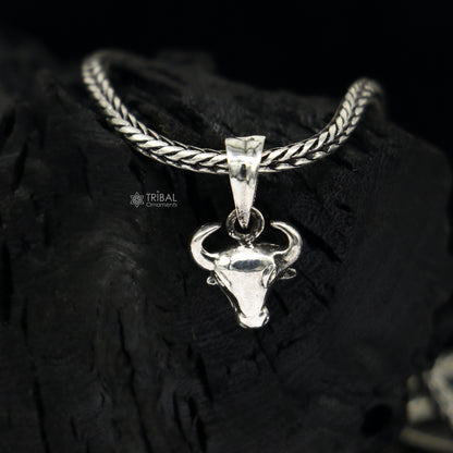 925 silver divine bull face pendant from Tribal Ornaments, unisex jewelry with wheat chain necklace and intricate design.