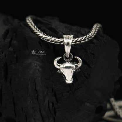 925 silver divine Bull face pendant from Tribal Ornaments, featuring detailed unisex jewelry with wheat chain necklace.