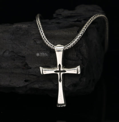 925 pure silver divine cross pendant on wheat chain necklace, unisex jewelry, tribal ornaments, elegant gift locket.