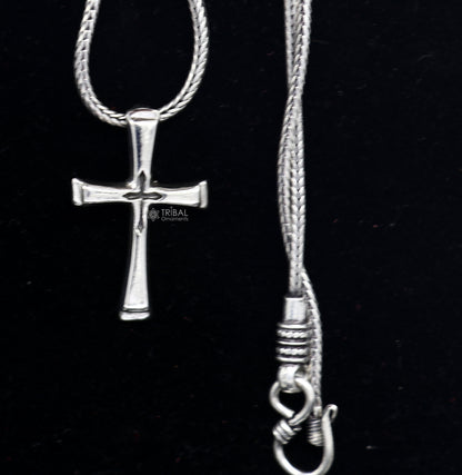 925 silver divine cross pendant on wheat chain necklace, unisex jewelry by Tribal Ornaments with locket design.