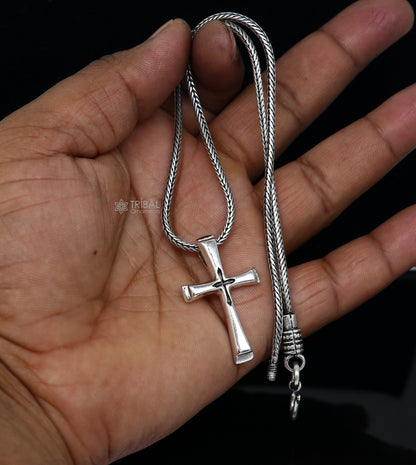 925 pure silver divine cross pendant on wheat chain necklace, unisex jewelry, detailed locket design, ideal for gifting.