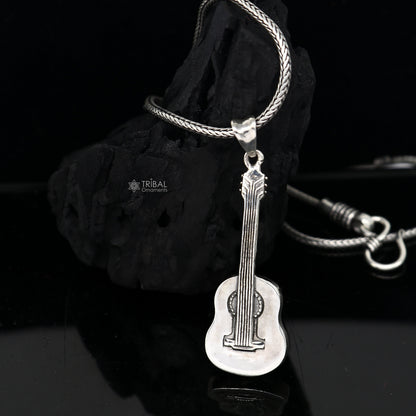 925 pure silver guitar pendant on wheat chain, unisex jewelry by Tribal Ornaments, featuring a detailed divine guitar design.