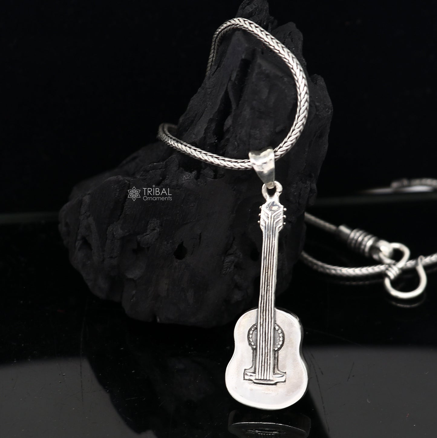 925 silver guitar pendant on wheat chain, unisex jewelry by Tribal Ornaments, delicate and detailed musical instrument necklace.