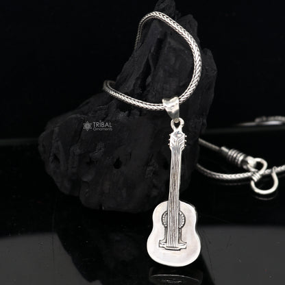 925 silver guitar pendant on wheat chain, unisex jewelry by Tribal Ornaments, delicate and detailed musical instrument necklace.