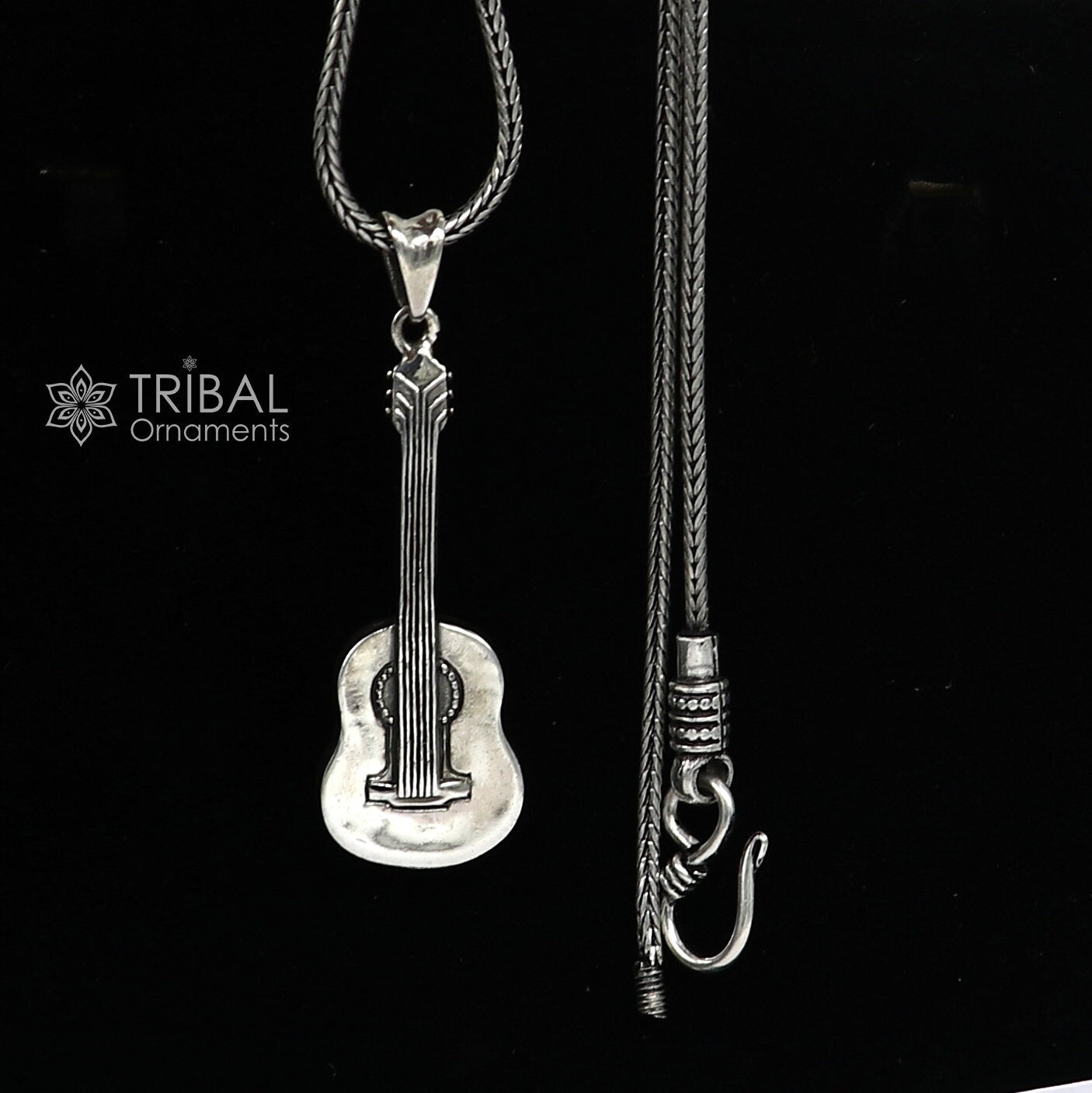 925 pure silver guitar pendant with wheat chain, unisex jewelry by Tribal Ornaments, delicate and detailed accessory.