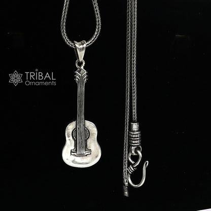 925 pure silver guitar pendant with wheat chain, unisex jewelry by Tribal Ornaments, delicate and detailed accessory.