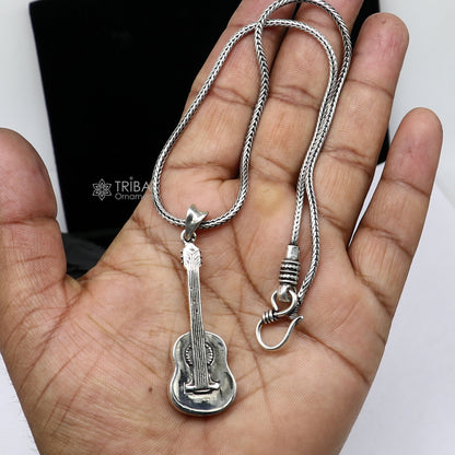925 pure silver guitar pendant with wheat chain, unisex jewelry by Tribal Ornaments, intricate design, ideal for gifting.