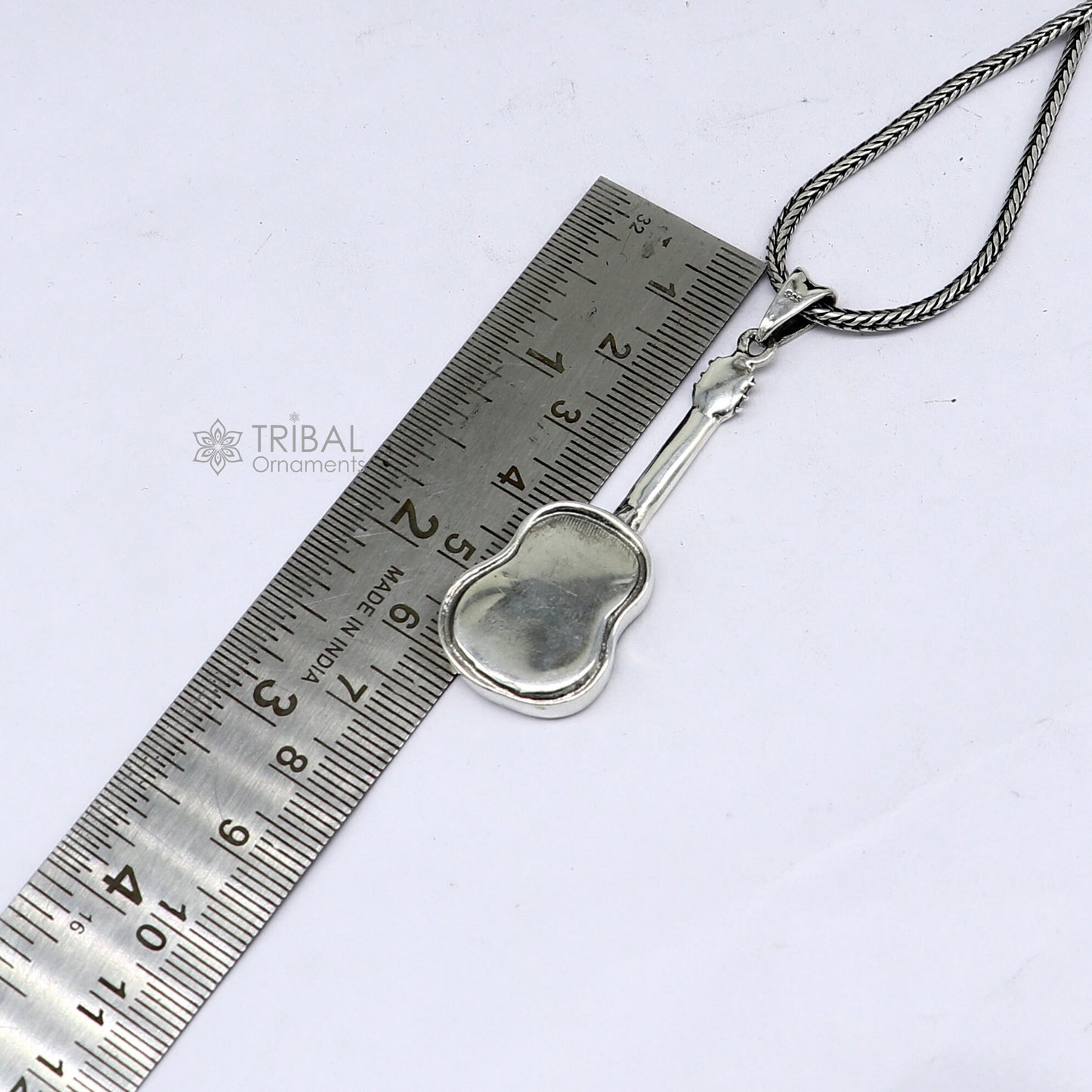 925 pure silver guitar pendant on wheat chain, delicate unisex jewelry by Tribal Ornaments, featuring a detailed guitar design.