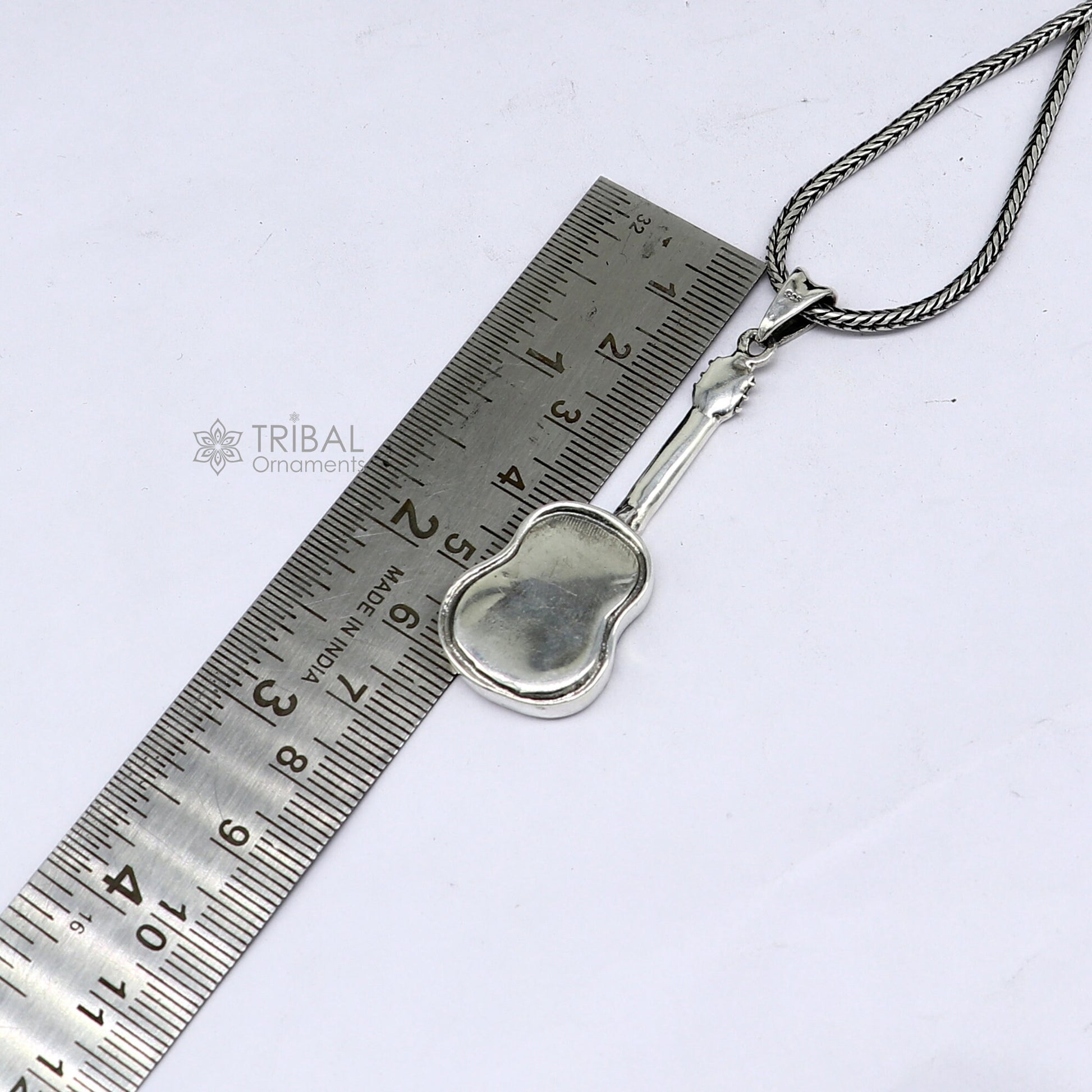 925 pure silver guitar pendant on wheat chain, delicate unisex jewelry by Tribal Ornaments, featuring a detailed guitar design.