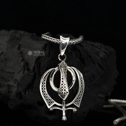 Pure silver Divine Khalsa pendant with wheat chain necklace, unisex jewelry featuring Guru Nanak design by TRIBAL ORNAMENTS.
