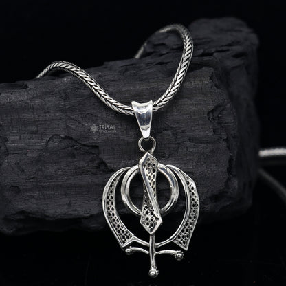 925 pure silver Khalsa pendant with Guru Nanak design on wheat chain necklace, unisex traditional jewelry by TRIBAL ORNAMENTS.
