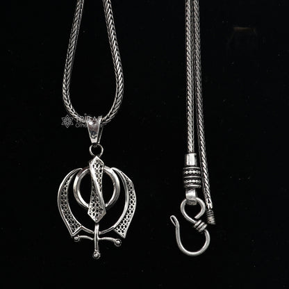 925 pure silver Divine Khalsa pendant with wheat chain necklace, unisex Sikh jewelry featuring Guru Nanak Sahib design.