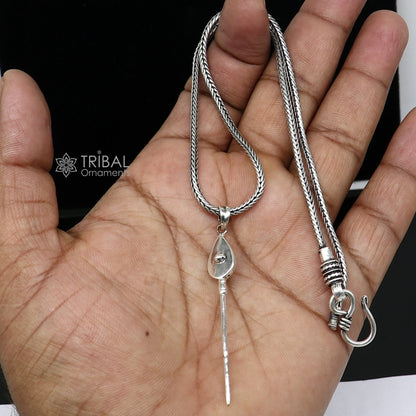 925 silver Lord Karthikeya Murugan weapon pendant with wheat chain, delicate tribal jewelry, religious symbol, and fine craftsmanship.