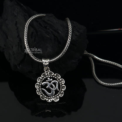 925 silver divine mantra AUM OM pendant with wheat chain, unisex jewelry, intricate design, perfect for spiritual or everyday wear.