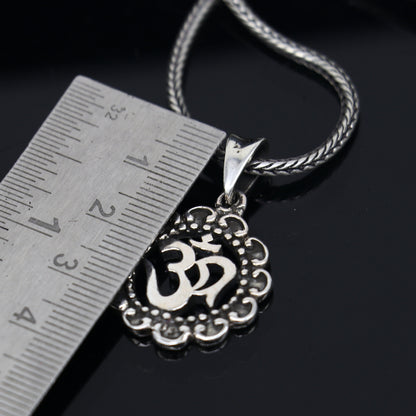 925 silver divine mantra AUM OM pendant with wheat chain, unisex jewelry, delicate design, from TRIBAL ORNAMENTS.