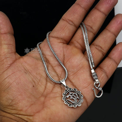 925 silver divine mantra AUM OM pendant with wheat chain, unisex jewelry, delicate tribal ornament design, ideal for gifting.