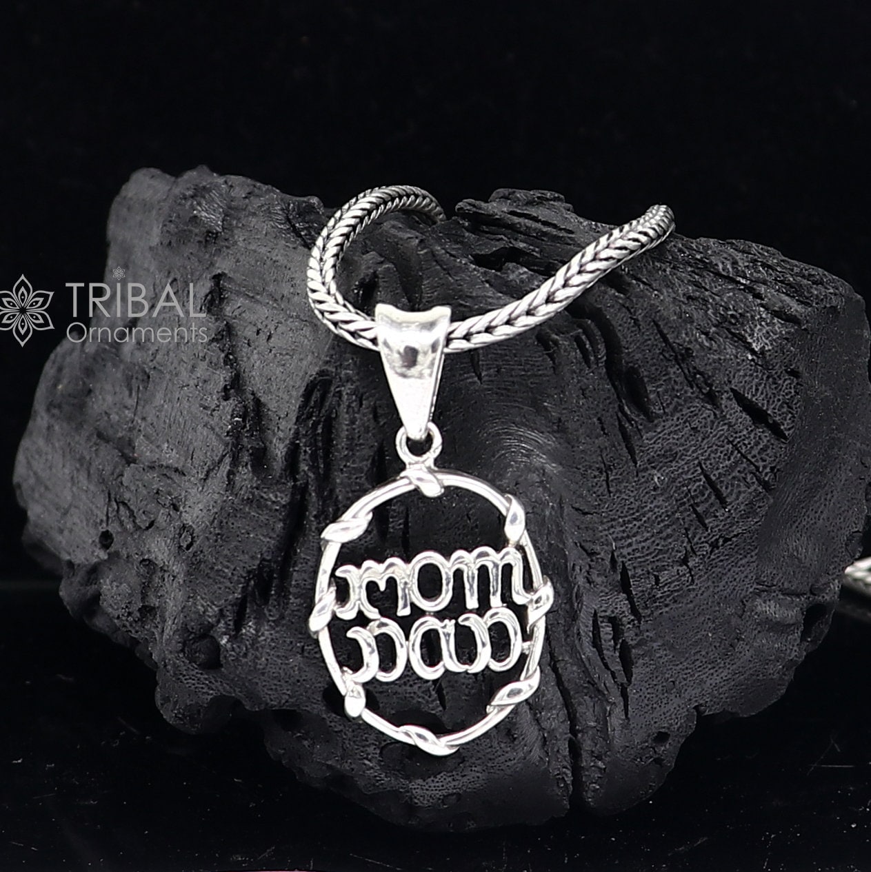 925 pure silver MOM DAD pendant on wheat chain, unisex jewelry by Tribal Ornaments, featuring a delicate divine design.
