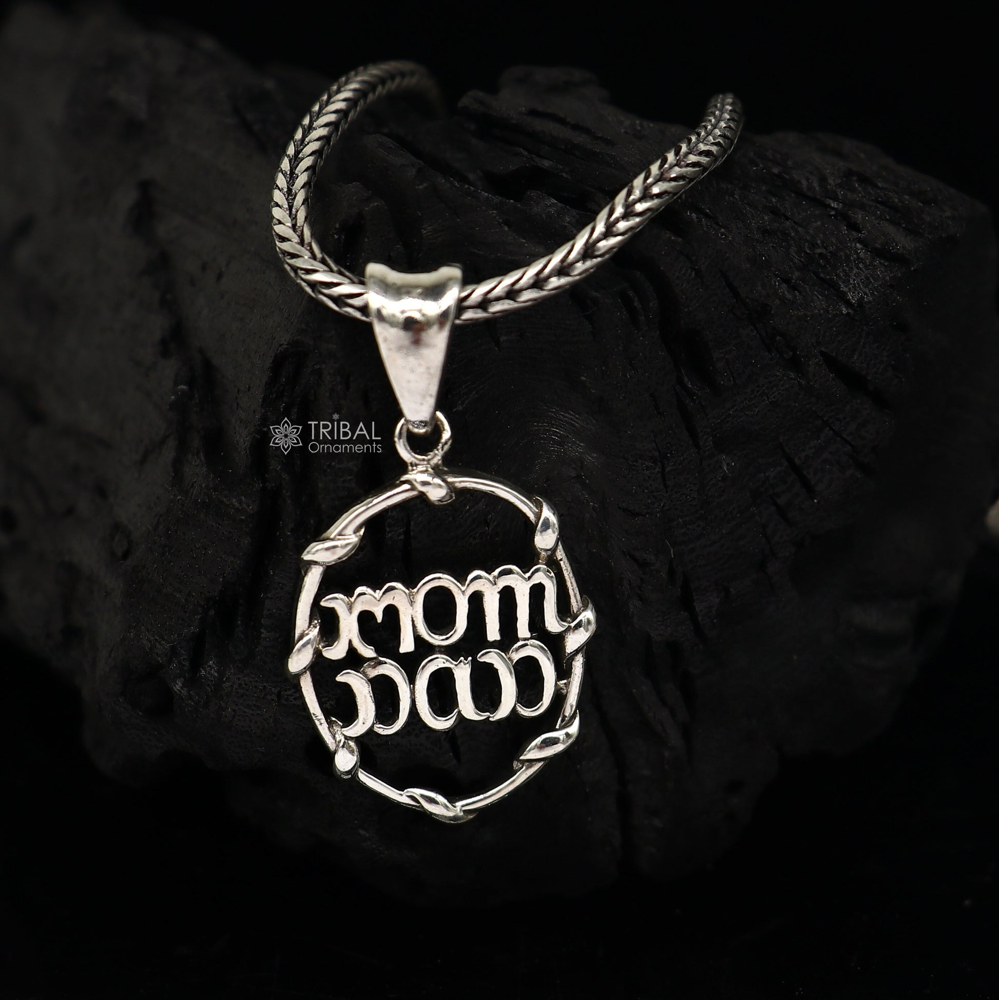 925 pure silver MOM DAD pendant with wheat chain, unisex jewelry by TRIBAL ORNAMENTS, featuring a divine, delicate design.