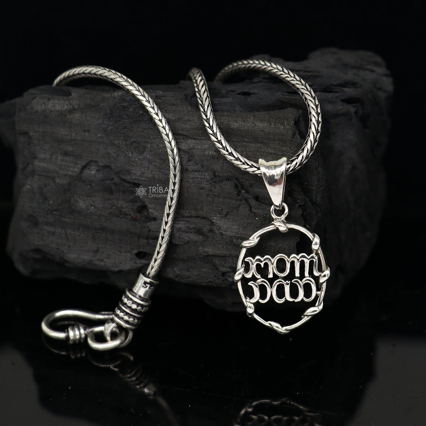 925 silver MOM DAD pendant with wheat chain, unisex jewelry by TRIBAL ORNAMENTS, featuring a delicate divine design.
