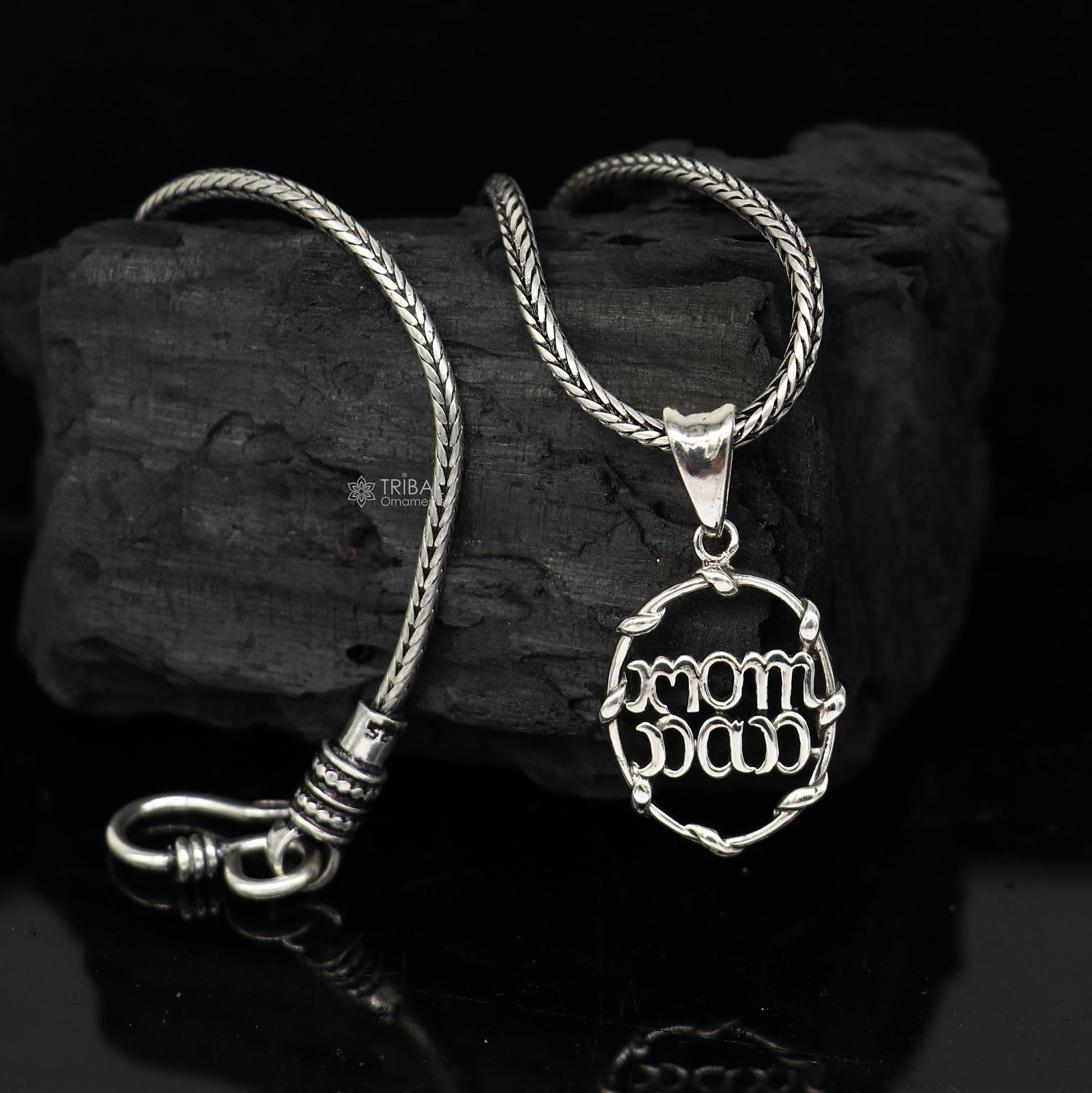 925 silver MOM DAD pendant with wheat chain, unisex jewelry by TRIBAL ORNAMENTS, featuring a delicate divine design.