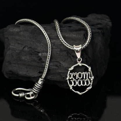 925 silver MOM DAD pendant with wheat chain, unisex jewelry by TRIBAL ORNAMENTS, featuring a delicate divine design.
