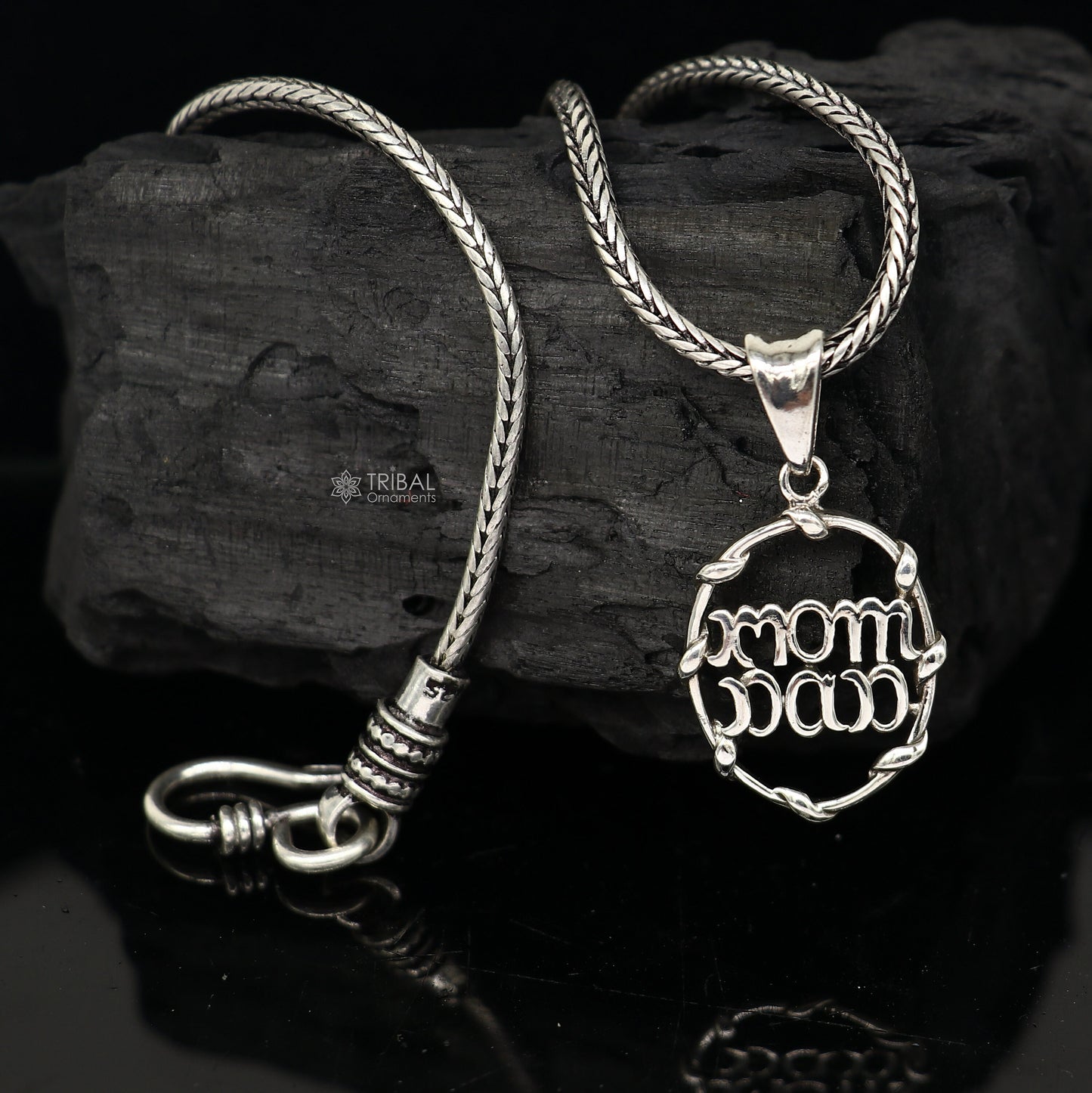 925 pure silver MOM DAD pendant on wheat chain, unisex tribal jewelry with detailed design, ideal for gift-giving.