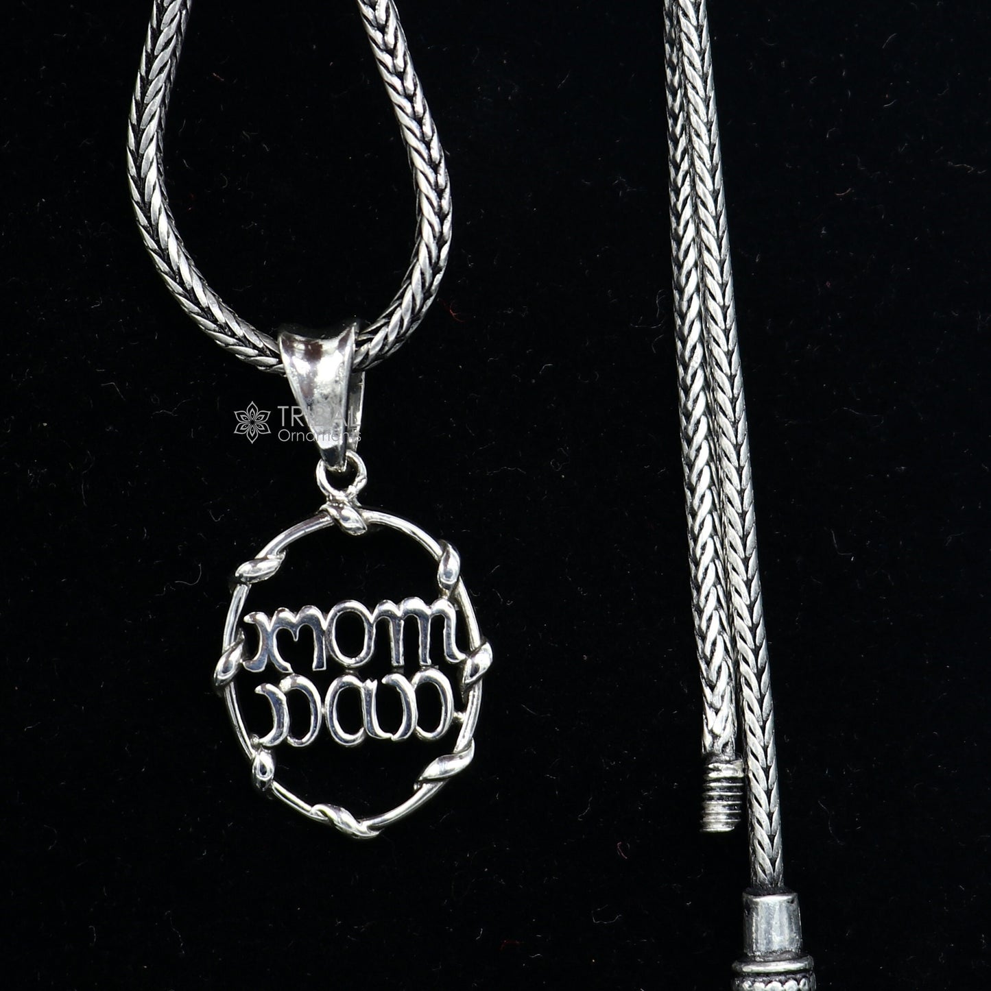 925 pure silver MOM DAD pendant on wheat chain, unisex jewelry by TRIBAL ORNAMENTS, featuring a delicate divine design.