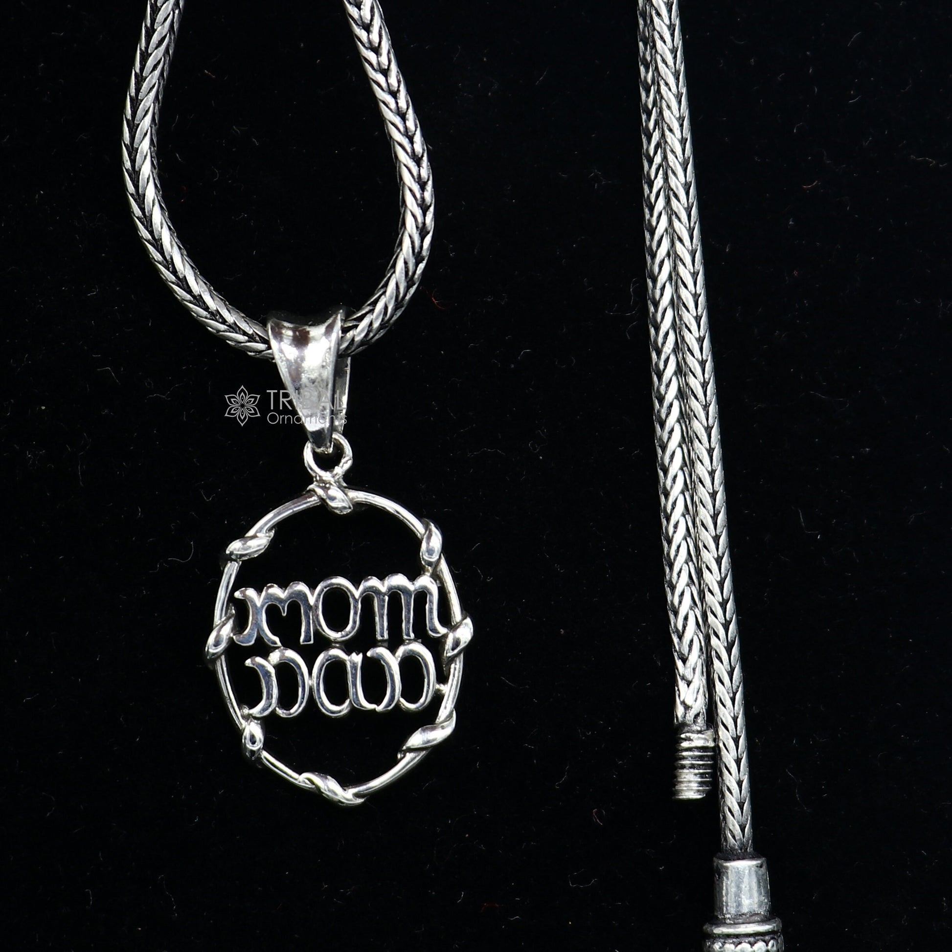 925 pure silver MOM DAD pendant on wheat chain, unisex jewelry by TRIBAL ORNAMENTS, featuring a delicate divine design.