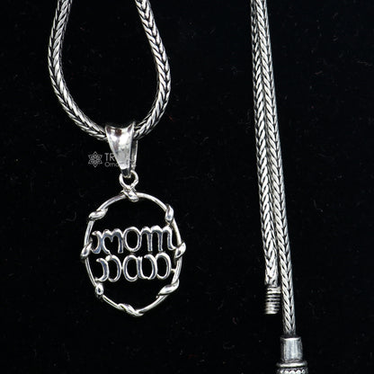 925 pure silver MOM DAD pendant on wheat chain, unisex jewelry by TRIBAL ORNAMENTS, featuring a delicate divine design.