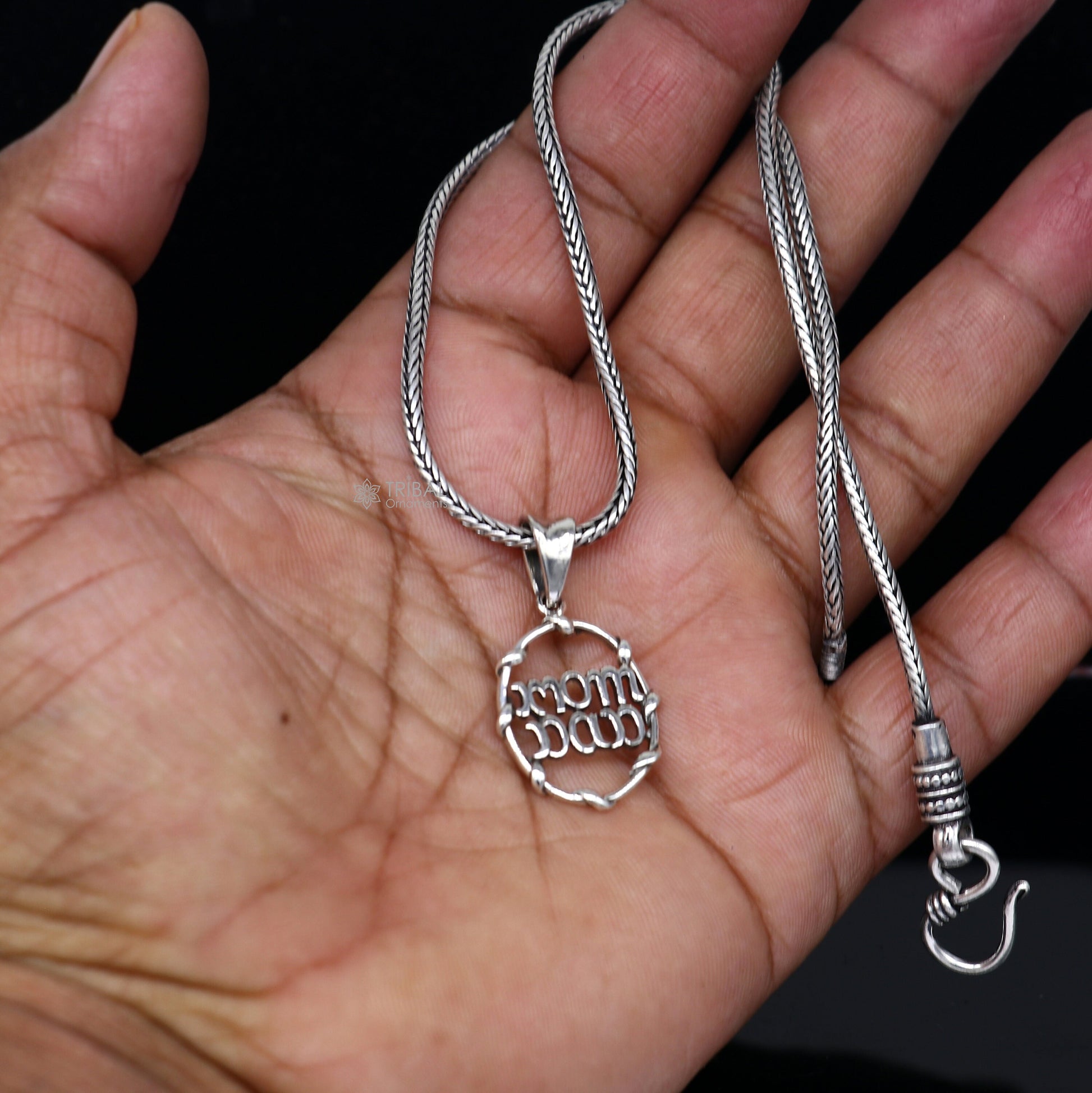 925 pure silver MOM DAD pendant on wheat chain, unisex jewelry by Tribal Ornaments, featuring a divine, delicate design.