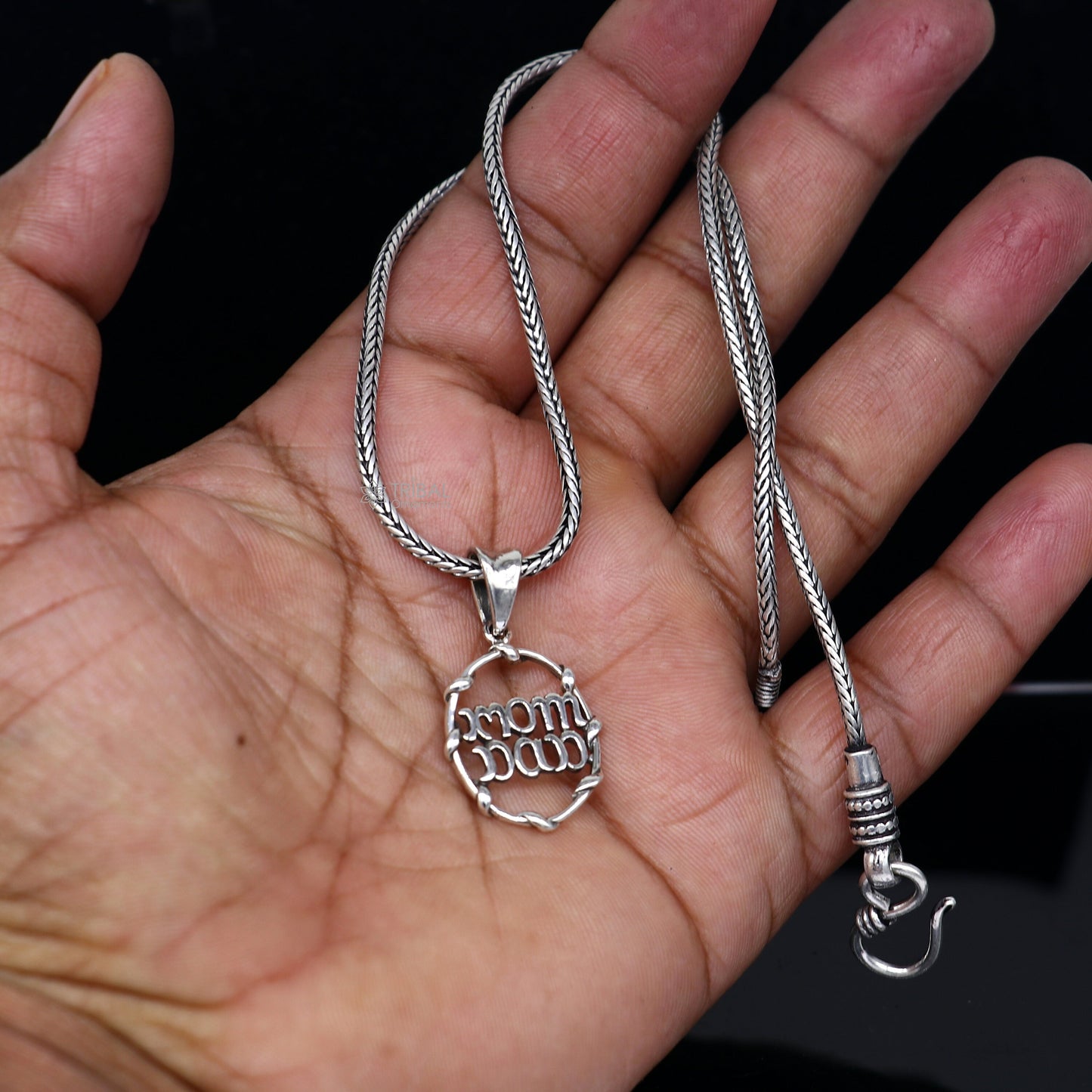 925 pure silver MOM DAD pendant with wheat chain, unisex jewelry by TRIBAL ORNAMENTS, featuring a delicate, divine design.
