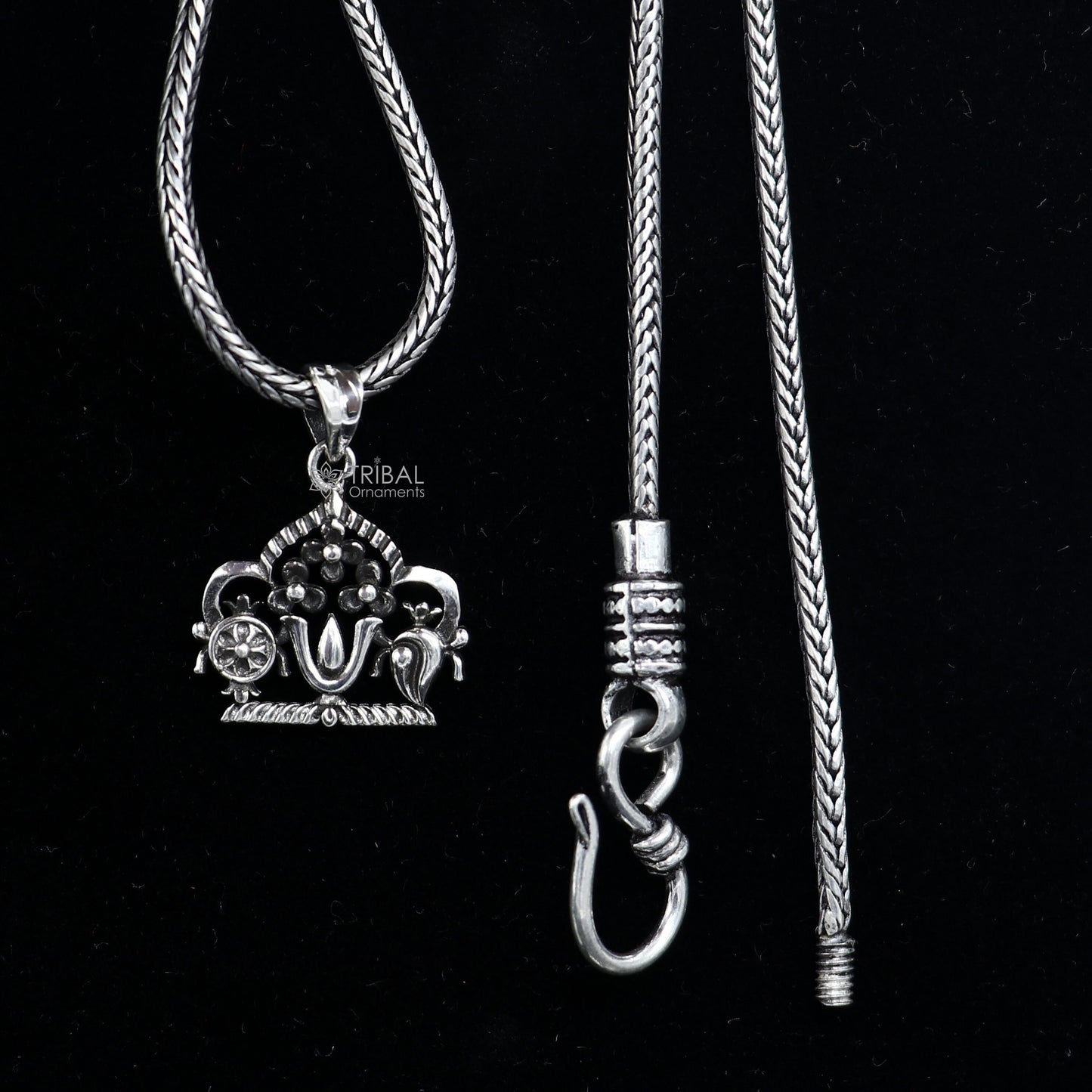 925 pure silver Swaminarayan pendant on wheat chain necklace, unisex divine jewelry by TRIBAL ORNAMENTS.
