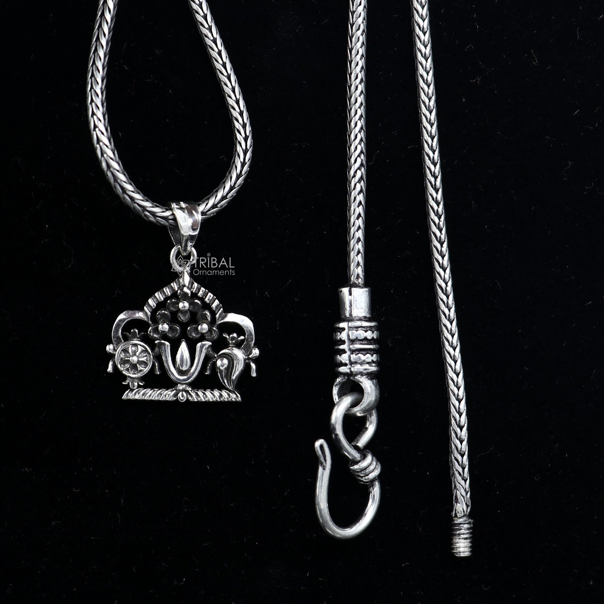 925 pure silver Swaminarayan pendant on wheat chain necklace, unisex divine jewelry by TRIBAL ORNAMENTS.