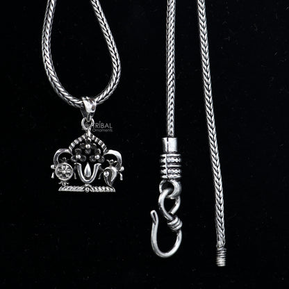 925 pure silver Swaminarayan pendant on wheat chain necklace, unisex divine jewelry by TRIBAL ORNAMENTS.