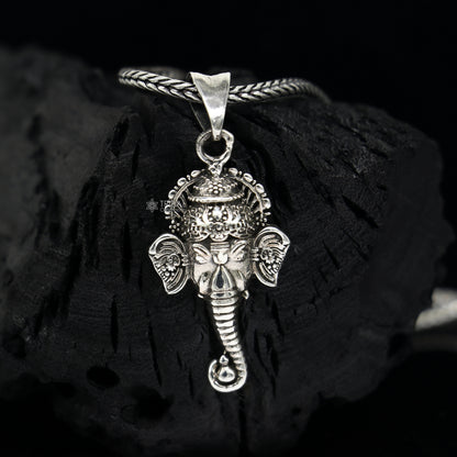 925 pure silver Ganesha face pendant with wheat chain necklace, unisex spiritual jewelry by Tribal Ornaments.