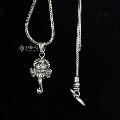 925 silver Ganesha face pendant with wheat chain necklace, unisex jewelry, tribal ornaments design, ideal for gifting.
