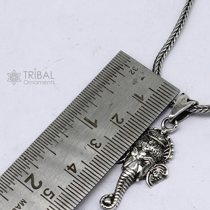 925 pure silver Ganesha face pendant with wheat chain necklace, unisex jewelry, tribal ornaments, ideal for gifting.