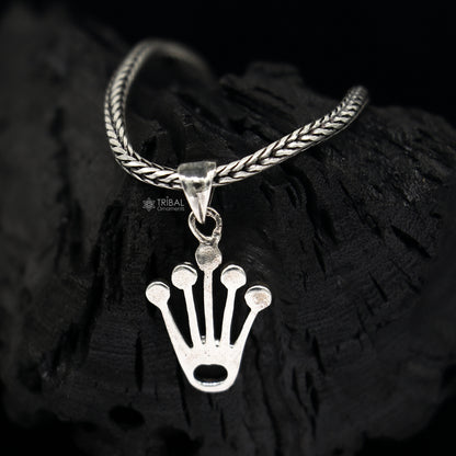 925 silver KING CROWN pendant with wheat chain necklace, unisex tribal jewelry, delicate and detailed silver crown locket.